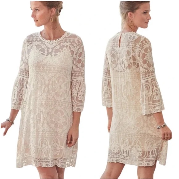 Sundance Mixed Lace Bell Sleeve Shift Dress Silk Cream Sheer Crochet Scallop S - Picture 1 of 15